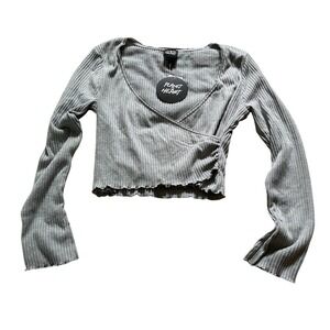 Planet Heart Gray Ribbed Faux Wrap Crop Top Long Sleeve Lettuce Edge NWT Size L